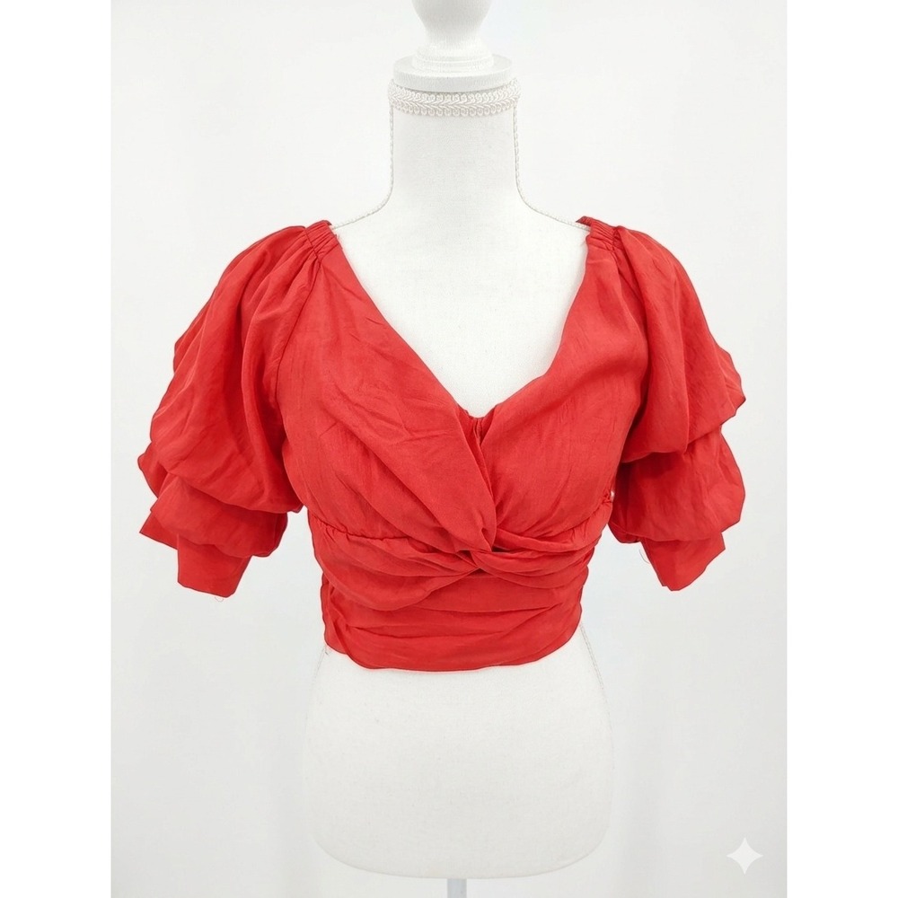 Vestique Design Driven Top Red Puff Sleeve Tie Back Crop Blouse Small Y19979
